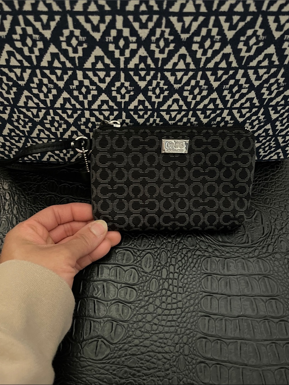 Coach Black Logo Jacquard Wristlet with Silver Plaque